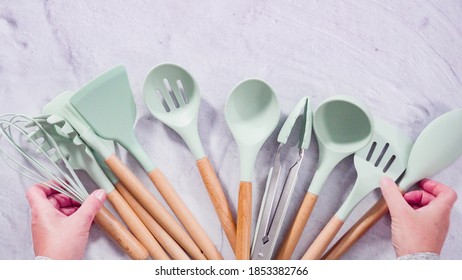 Flat Lay. Silicone Cooking Utensils With Wooden Handle.