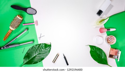 Flat Lay To Spring Summer Valentine's Day 8 March Party Outfit Layout Female Accessories Cosmetics Leaf On Green White Background. Party Date Night Conception. Top View, Copy Space, Horizontal