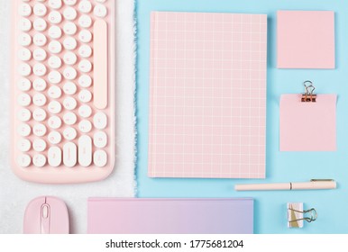 Flat Lay Stationery On Work Desk In Blue Pastel Background	
