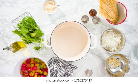 Flat Lay. Step By Step. Cooking On Pot Pasta Recipe In An Enameled Cast Iron Dutch Oven.