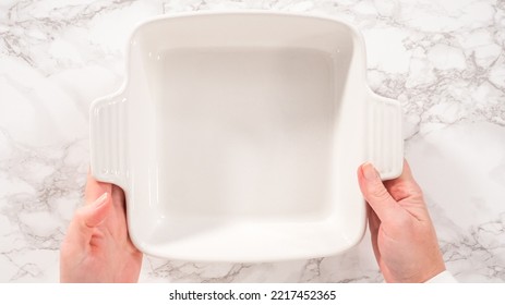 Flat Lay. Step By Step. Empty White Ceramic Baking Dish On A Kitchen Counter.