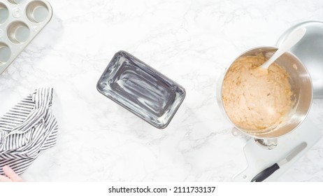 Flat Lay. Step By Step. Greasing Bread Pan To Bake Banana Bread.