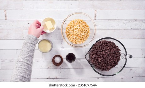 Flat Lay. Step By Step. Ingredients To Make Macadamia Nut Fudge.