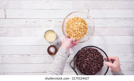 Flat Lay. Step By Step. Ingredients To Make Macadamia Nut Fudge.