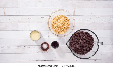 Flat Lay. Step By Step. Ingredients To Make Macadamia Nut Fudge.