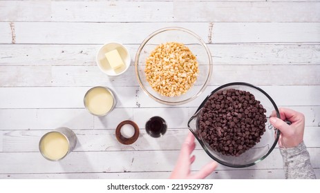 Flat Lay. Step By Step. Ingredients To Make Macadamia Nut Fudge.