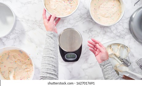 Flat lay. Step by step. Measuring funfetti cake batter on a digital kitchen scale.