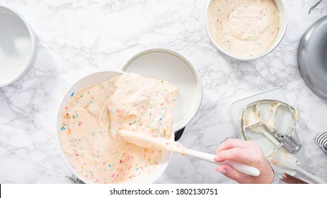 Flat lay. Step by step. Measuring funfetti cake batter on a digital kitchen scale.