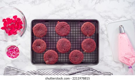 Flat Lay. Step By Step. Piping Italian Buttercream Frosting On Top Of Red Velvet Cupcakes.