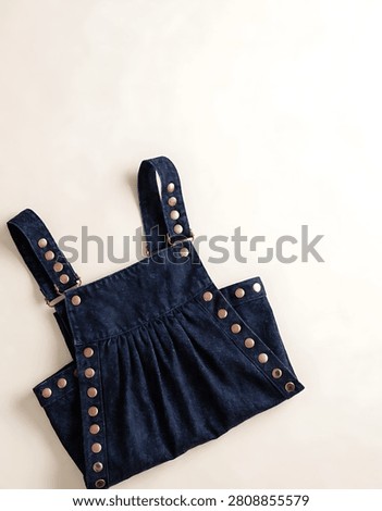 Flat lay studio shot of dark blue denim dungaree dress with copper snap buttons on off white background