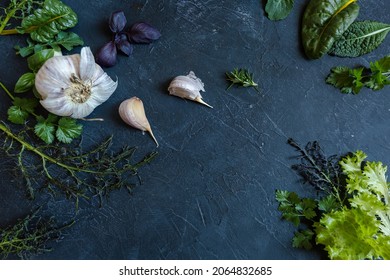 Flat Lay Style Dark Green Leafy Vegetables And Garlic. Vegan Raw Healthy Diet And Lifestyle. Top View Vegetables