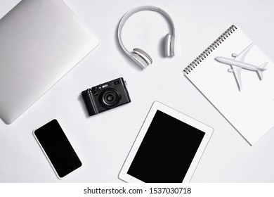 Flat lay style picture of workspace with office supplies on pastel colored background - Shutterstock ID 1537030718