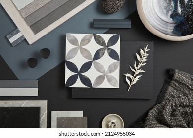 Flat lay of stylish architect moodboard composition with black, beige and grey samples of textile, paint, panels and tiles. Top view. Copy space. Template. - Shutterstock ID 2124955034