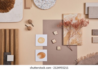 Flat lay of stylish architect moodboard composition with beige samples of textile, paint, wooden lamella panels and tiles. Top view. Copy space. Template. - Shutterstock ID 2124955211