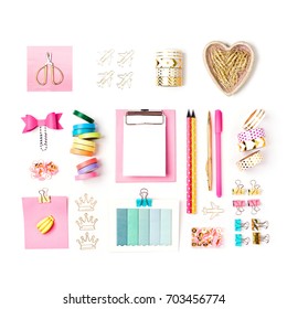 Flat Lay Stylish Set: Clipboard Mockup, Washi Tape, Note On White Background. School Stationery. Back To School Concept.   