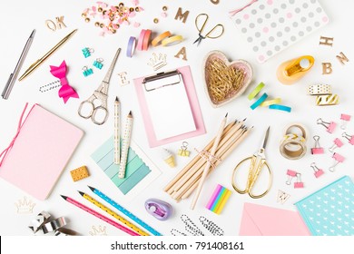 Flat Lay Stylish Set: Clipboard Mockup, Washi Tape, Note On White Background. School Stationery. Back To School Concept.