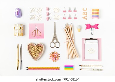 Flat Lay Stylish Set: Clipboard Mockup, Washi Tape, Note On White Background. School Stationery. Back To School Concept.