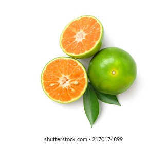 Flat lay of Tangerine orange with cut in half isolated on white background.