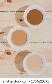 Flat lay with three types of coffee to drink in the morning