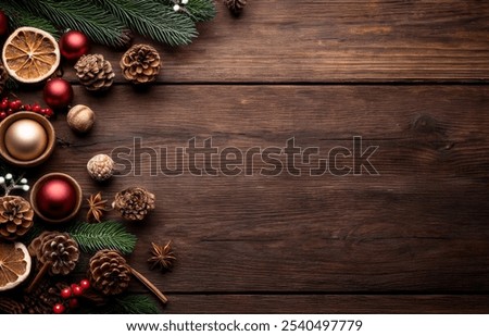 Flat lay top down view of christmas theme decorations and decor on a dark wood table natural objects brown paper packages tied with jute string pinecones and snowflakes and green pine boughs
