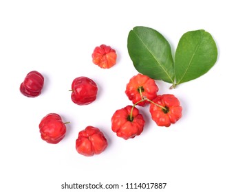 Flat Lay (top View) Of Acerola Cherry With Green Leaf Isolated On White Background