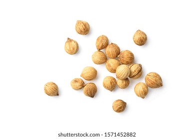 Flat lay (top view) Close-up of Dried coriander seeds isolated on white background.