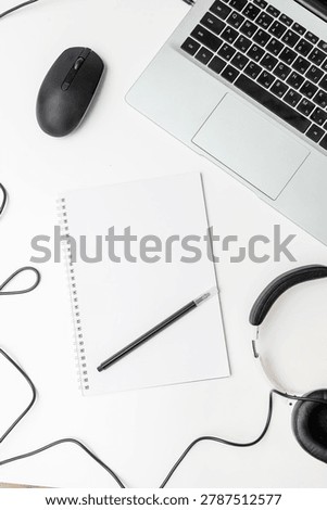 Flat lay top view copy space for text laptop, notebook, mouse on white desk office background