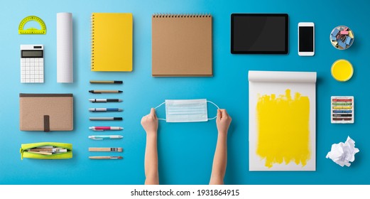 Flat Lay Top View Of Face Mask And School Supplies, Back To School And Coronavirus Concept.