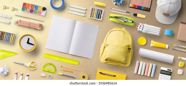 Flat Lay Top View Of Face Mask And School Supplies, Back To School And Coronavirus Concept.