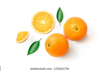 Flat lay (top view) of Fresh orange fruit with sliced and green leaves  isolated on white background. - Shutterstock ID 1722411754
