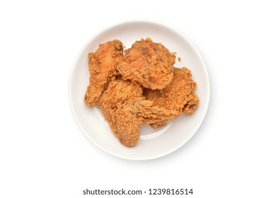 Flat lay (Top view) fried crispy chicken in white plate isolated on white background with clipping path.