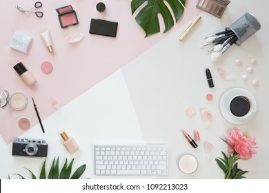 Flat Lay And Top View Of Make Up Products On White Pink Background With Copyspace. Beauty Concept For Blogger, Pastel Women Business Office Table Desk