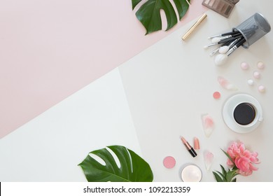 Flat Lay And Top View Of Make Up Products On White Pink Background With Copyspace. Beauty Concept For Blogger, Pastel Women Business Office Table Desk