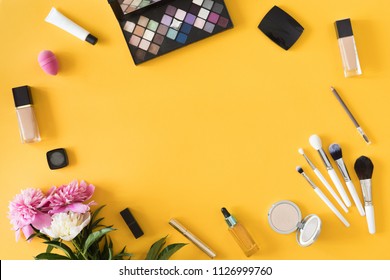 Flat Lay And Top View Of Make Up Products On Yellow Summer Background With Copyspace. Beauty Concept For Blogger, Fashion Women Business Office Table Desk