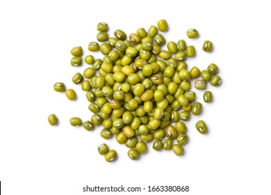 Flat lay (top view) of Mung bean (Vigna radiata) seeds isolated on white background.