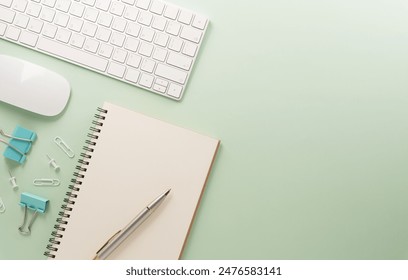 Flat lay, top view office table desk. Workspace with keyboard, office supplies and flower on pastel background. - Powered by Shutterstock