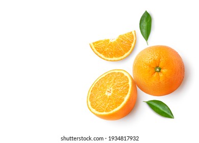 Flat lay (top view) of Orange fruit with cut in half and leaves on white background.