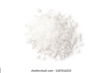 Flat lay (top view) pile of Pure natural sea salt isolated on white background.