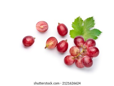 Flat lay (top view) of red grape with leaves on white background. - Powered by Shutterstock