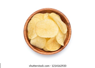 Flat lay (Top view) ridged Potato chips in wooden bowl isolated on white background with clipping path.