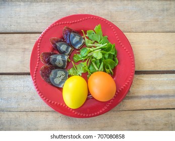 Flat lay top view a set of ingredient  Pickled Eggs Spicy Salad on wooden background.