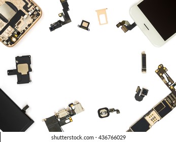 Flat Lay (Top view) of smart phone components isolate on white background with copy space