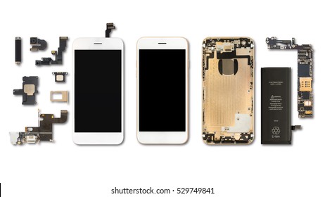Flat Lay (Top view) of smartphone components isolate on white background with clipping path