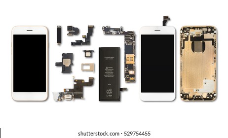 Flat Lay (Top view) of smartphone components isolate on white background with clipping path