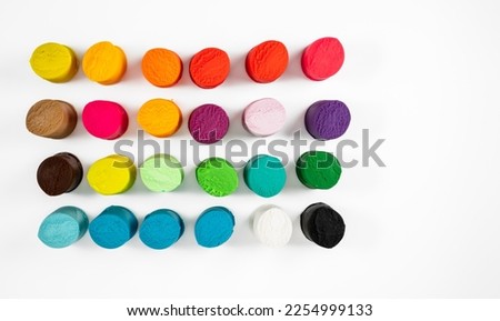flat lay top view Soft modelling plasticine clay play dough material creative crafting for all ages in  different colours  and shades