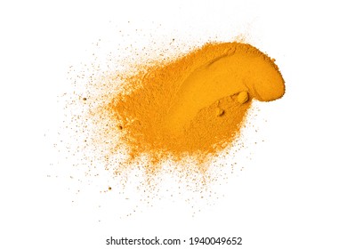Flat lay (top view) of Turmeric (curcumin) powder on white background.