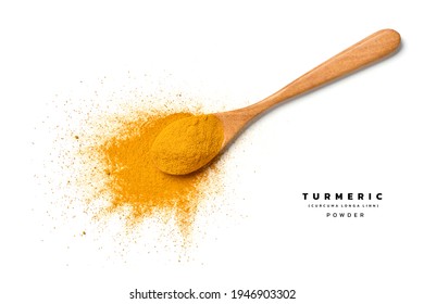 Flat lay (top view) of Turmeric (curcumin) powder with wooden spoon on white background.