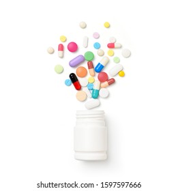 Flat Lay (top View) Of Various Type Of Pills, Tablets And Capsules With White Plastic Bottle Container Isolated On White Background.