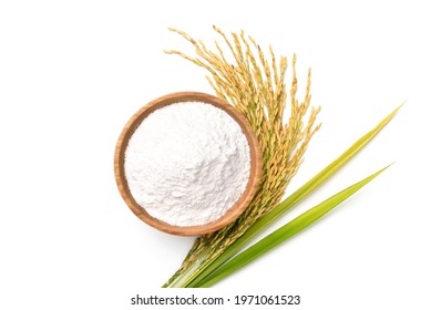 Flat Lay (Top View) Of White Rice Flour In Wooden Bowl With Rice Ears Isolated On White Background.