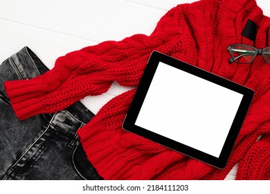 Flat Lay Top View Womens Autumn Clothes With Tablet On White Background